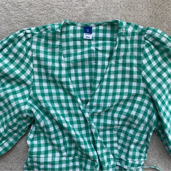 LINEN BLEND GINGHAM PUFF SLEEVE WRAP DRESS - Picture 4 of 6